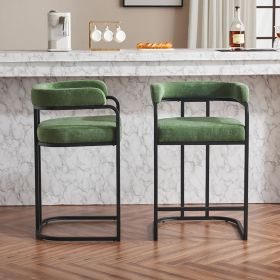 Modern Chenille Bar Stools Set of 2, Upholstered Counter Height Chairs with Metal Frame & Armrests