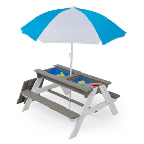 3-in-1 Kids Outdoor Wooden Picnic Table With Umbrella, Convertible Sand & Water, Gray ASTM & CPSIA CERTIFICATION