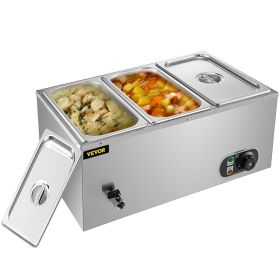 VEVOR Commercial Food Warmer 3-Pan 850W Electric Countertop Steam Table 15cm/6inch Deep Stainless Steel Bain Marie Buffet Food Warmer Large Capac