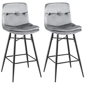2 Pieces 29 Inch Velvet Bar Stools Set with Tufted Back and Footrests (Color: Gray)